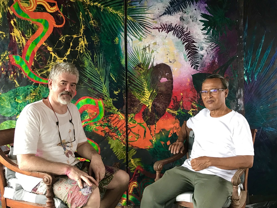 Richard Jacobs & Wayan Sika 2019. Bali Moon III Diptych, monotype, oil and dye on paper 90”X90”.