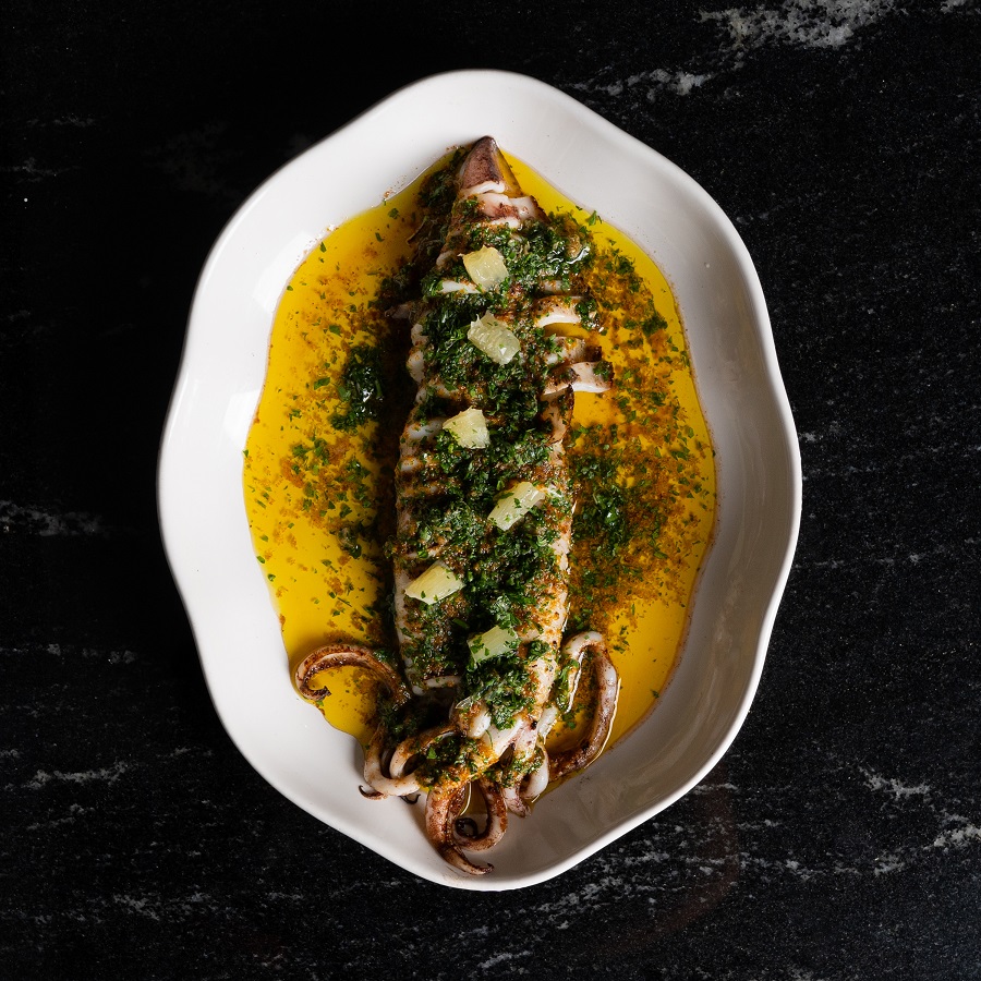 Ghost Kitchen - Grilled calamari, curry butter, dill verte