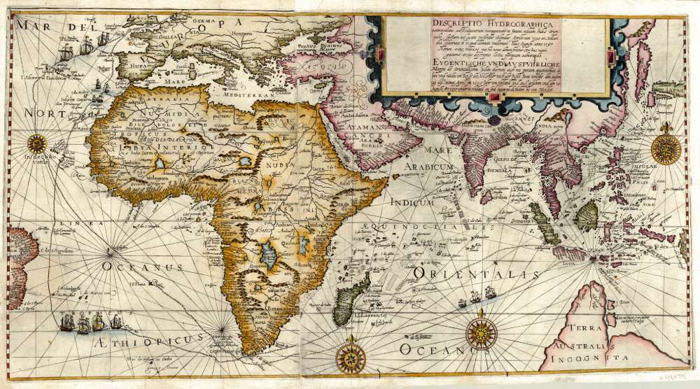 A map published in the year 1598 showing the outbound and return routes of the Dutch pioneering voyage to the East Indies between April 1595 and August 1597. The map covers the whole route from Amsterdam to the Indonesian archipelago in search of the Spice Islands. (Indies Gallery Collection)